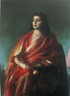 a painting of a woman wearing a red shawl and holding her hands in her lap