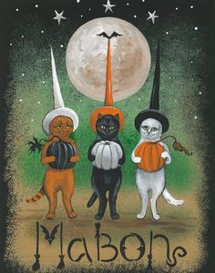 three cats dressed up in halloween costumes standing next to each other with the word mason written on it