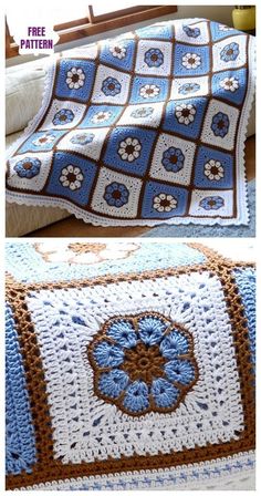 crocheted granny granny afghan with blue and brown flowers on it, next to a photo