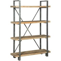 an industrial shelving unit with wooden shelves and metal bars on the bottom, against a white background