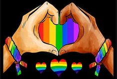 two hands holding each other over a rainbow heart