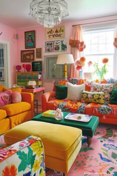 a living room filled with lots of colorful furniture