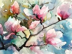 a painting of pink flowers on a tree branch