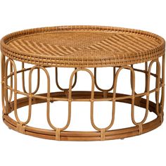 a round wicker coffee table with two trays on each side and an oval wooden top