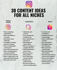 an advertisement with the words 30 content ideas for all niches