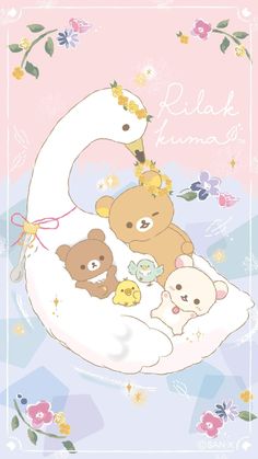 a bear and two bears are sitting on a swan's back with flowers in the background