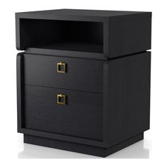 a black night stand with two drawers on each side and one drawer open to show the contents