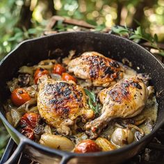 chicken and vegetables cooking in a skillet