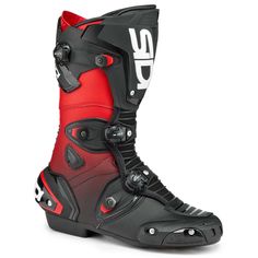 a pair of black and red motorcycle boots