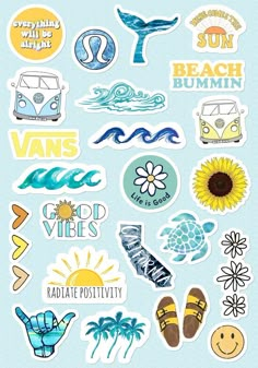 various stickers are shown on a blue background