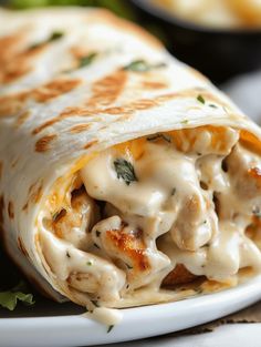 a close up of a burrito on a plate