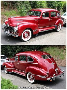 an old red car is parked on the side of the road next to another one