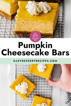 pumpkin cheesecake bars with marshmallows and whipped cream on top, sitting on a cooling rack