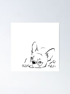 a black and white drawing of a dog laying down on the ground with its head up