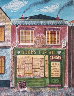 a painting of a store front with books for all written on it