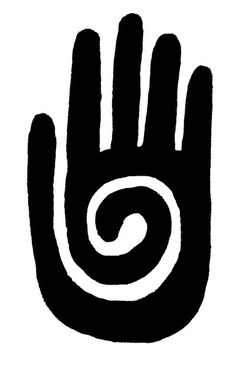 a black and white drawing of a hand with a spiral design on it's palm