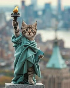 a cat that is sitting on top of a statue with a candle in it's hand