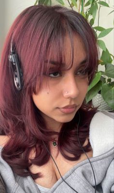 Plum Red Hair, Hair Color Cherry Coke, Black Cherry Hair Color, Red Hair With Bangs, Cherry Cola Hair, Black Cherry Hair, Deep Red Hair, Cherry Hair Colors, Maroon Hair