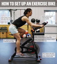 a woman is doing an exercise on a stationary bike with instructions for how to set up an exercise bike