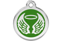 a green and white dog tag with angel wings on the front, in an oval shape