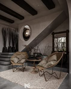 two wicker chairs sitting on top of a rug in front of a table and stairs