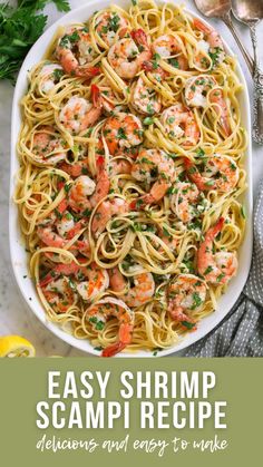 shrimp scampi pasta in a white bowl with lemons and parsley on the side