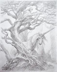 a pencil drawing of a unicorn standing next to a tree