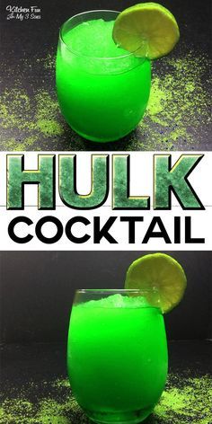 a green drink with limes in it and the words hulk cocktail