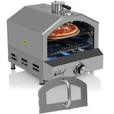 an oven with a pizza inside of it