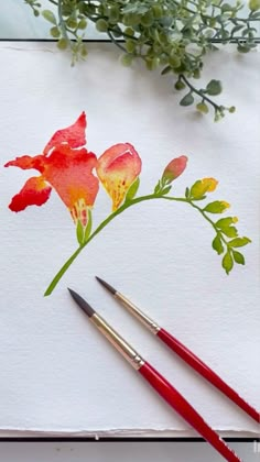 two watercolor pencils sitting on top of a piece of paper next to some flowers