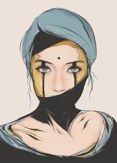 a drawing of a woman with blue hair wearing a black and yellow scarf over her head