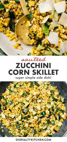 an image of corn and spinach skillet in a pan with text overlay