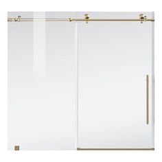 an image of a shower door with glass and brass hardware on the side, in front of a white background