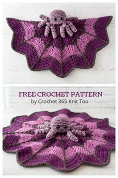 an octopus is sitting on top of a purple crocheted blanket with the words free crochet pattern