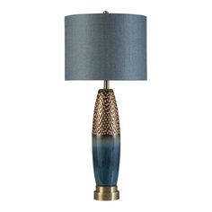 a table lamp with a blue shade on it