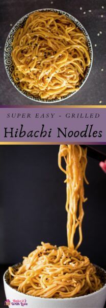 spaghetti being cooked in a pan with the words, super easy grilled hibasi noodles