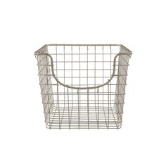 a metal wire basket with a handle on the front and bottom, against a white background