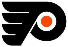 the philadelphia flyers logo is shown in black and white with an orange dot on it