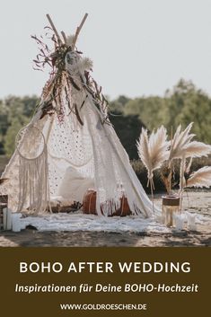 a teepee with feathers on it and the words boho after wedding written below