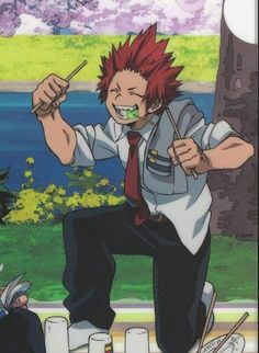 an anime character with red hair and glasses is sitting on the ground in front of a tree