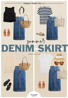 Denim Skirt Outfit Ideas for Women Over 50, Summer Outfits for Women Over 50 Summer Work Skirt Outfits, Denim Skirt Outfit, Jean Skirt Outfits Summer, Summer Denim Skirt, 50s Outfits, Jean Skirt Outfits, Look Jean, Casual Outfits For Moms, Denim Skirt Outfits