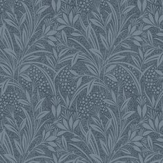 an intricate blue wallpaper with flowers and leaves on the back ground, in front of a dark gray background