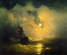 a painting of a ship in rough seas with the moon shining through clouds above it