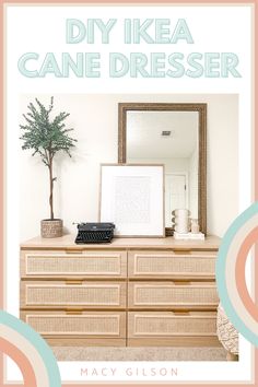 a dresser with an old typewriter sitting on top of it and the words diy ikea cane dresser above it