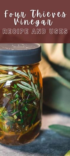 a glass jar filled with green leaves next to a bottle of wine and the words four thieves vinegar recipe and uses