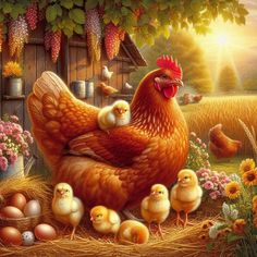 a painting of chickens and chicks in a farm setting with sun shining through the trees