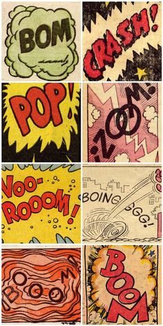 various comic book pages with pop art in the middle and different font styles on them