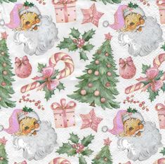 a christmas themed table cloth with santa's and presents