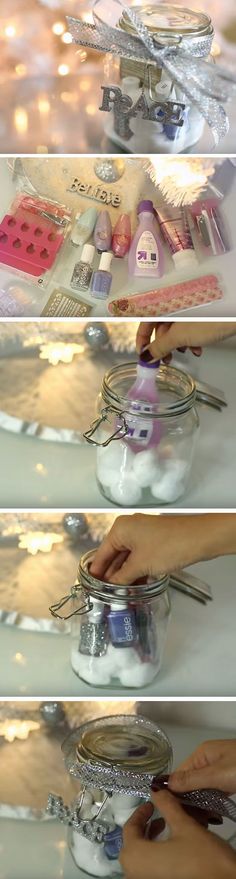 the process of making glass jars is shown in three different pictures, including one being filled with