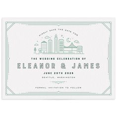 the wedding stationery is shown in green and white, with a cityscape on it